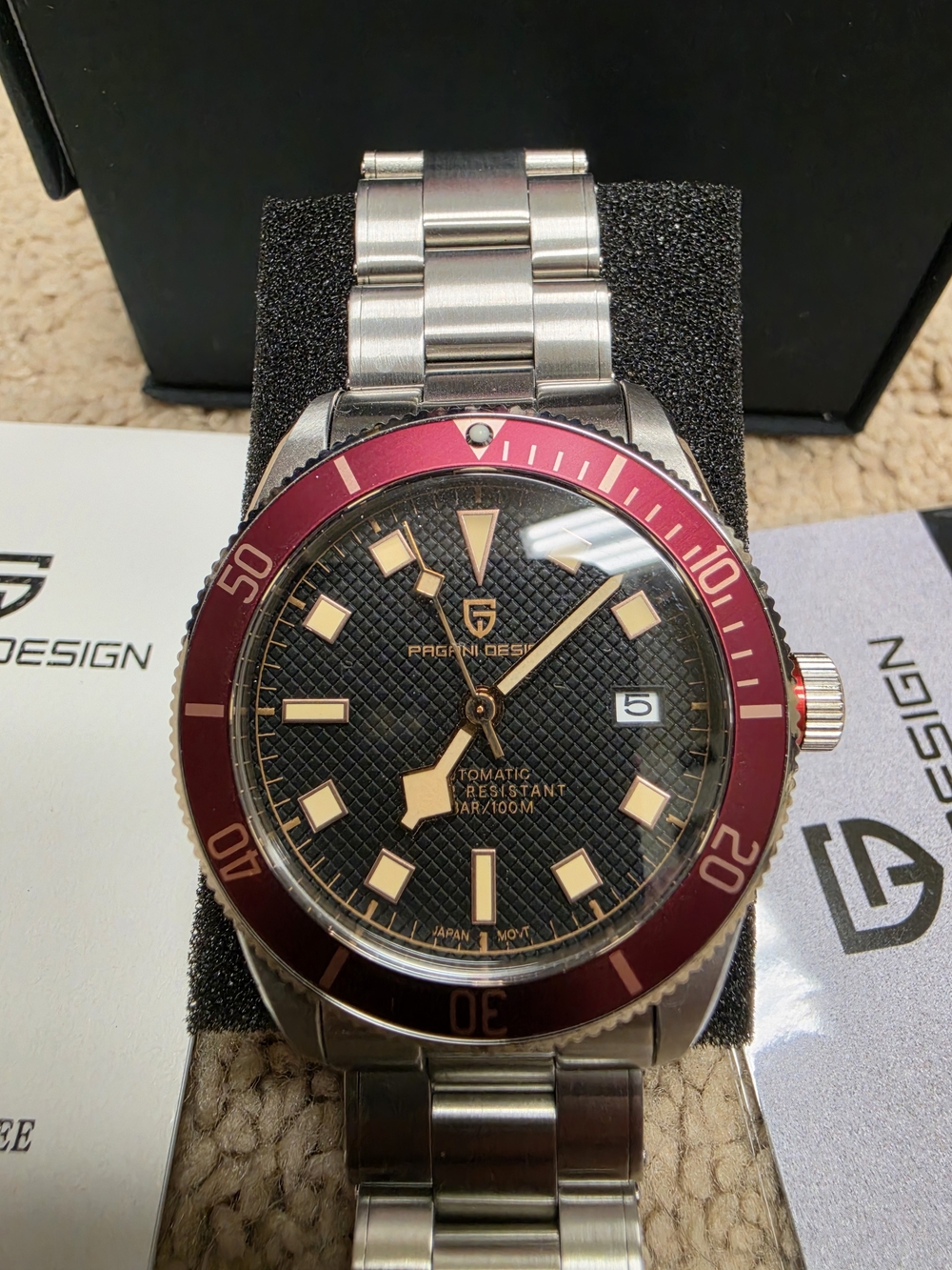 Pagani Design Automatic Dive Watch - Black Dial, Burgundy Bezel